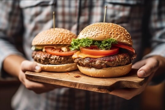 Close-up of a man holding a hamburger on a wooden cutting board. AI-generated images