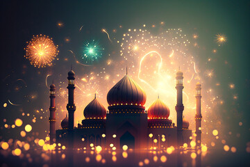 Ai generated image of classic lamp with mosque shape with eid fitr celebration event.