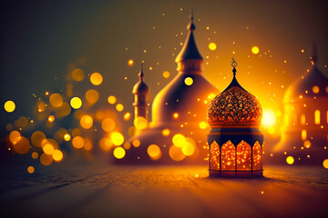 Ai generated image of classic lamp with mosque shape with eid fitr celebration event.