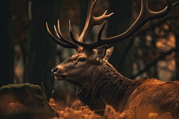 A majestic stag with beautiful antlers in the middle of the forest, created with generative AI technology