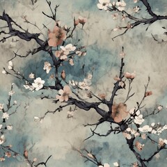 Seamless pattern cherry blossoms, chinese painting, muted colors. Generated AI.