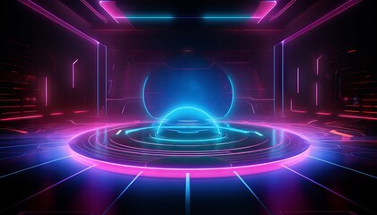 stage with neon glowing gradients and vibrant laser beams in purple, blue, and red colors. Generative ai