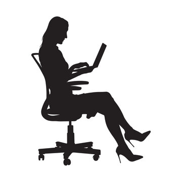 recommend clip art: Business woman sitting on office chair working with laptop full length silhouette.