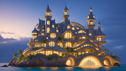 Fototapeta premium Illustration of an Art Nouveau style mansion on a tropical island - AI Generated