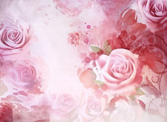 Floral background, roses on a pink background. Decoupage paper, ornament.  Copy space. Generative ai