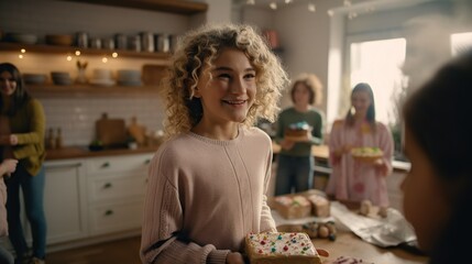 Fototapeta na wymiar Happy teenage girl with curly hair is holding a piece of birthday cake
