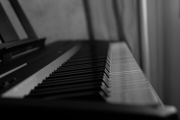 Close-up piano keyboard, black and white. music concept.