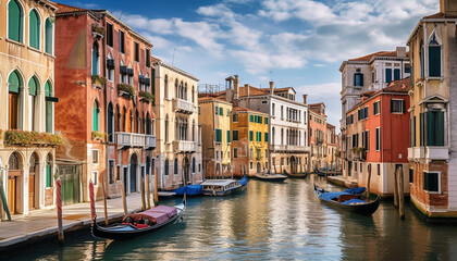 Fototapeta na wymiar Venetian canal reflects vibrant architecture at dusk generated by AI