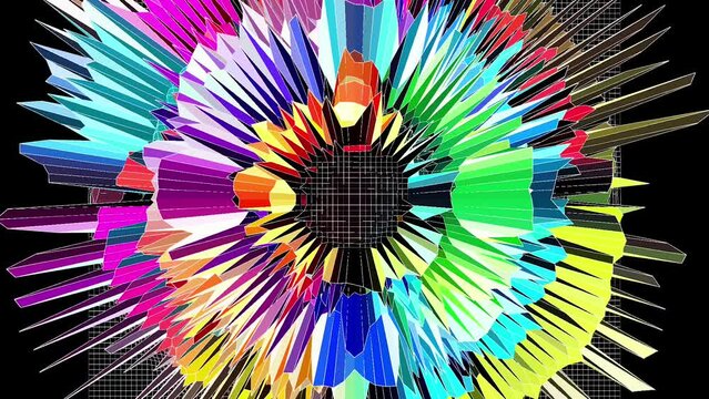 Neon vortex bursting grid abstract rainbow blacklight colors animation for vj dj performance motion background, trippy surreal fractal beautiful seamless looping animated backdrop music visualizer