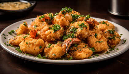 Fototapeta premium Healthy meal of baked chicken, vegetables, and parsley generated by AI