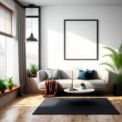 Empty Poster mock-up. Modern bright living room interior with with tropical plants, sofa, wooden floor and blank white poster on the wall, minimalist design. Generative AI