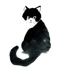水墨画技法で描いた振り向く猫