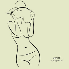 art handmade digital sketch background with beautiful young girl model topless and hat; drawing, graphic, isolated vector; fashion, sport fitness, beauty; sexy body