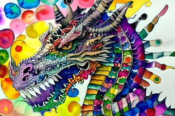 colorful watercolor illustration of a dragon