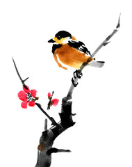 水墨画技法で描いた梅の枝に留まる山雀	