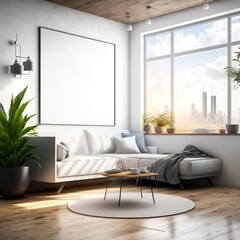 Empty Poster mock-up. Modern bright living room interior with sofa, wooden floor and blank white poster on the wall, minimalist design. Generative AI