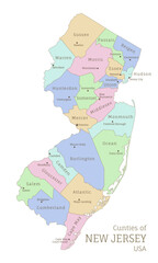 Counties of New Jersey administrative map of USA federal state. Highly detailed color map of New Jersey region with territory borders and counties names labeled realistic vector illustration