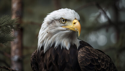 Majestic bald eagle perched on branch outdoors generated by AI