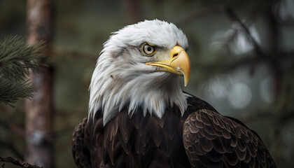 Obraz premium Majestic bald eagle perched on branch outdoors generated by AI