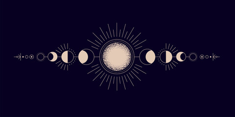 Moon phases whole cycle on night sky, moonlight activity stages. Astrology, astronomical lunar sphere shadow, whole cycle from new to full moon realistic vector illustration - obrazy, fototapety, plakaty