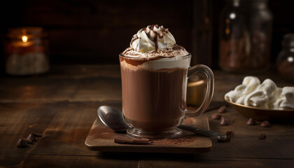 Gourmet hot chocolate milkshake with whipped cream generated by AI