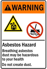 Asbestos chemical hazard sign and labels breathing asbestos dust may be hazardous to your health. Do not create dust