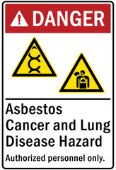 Asbestos chemical hazard sign and labels cancer and lung disease hazard. Authorized personnel only