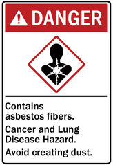 Asbestos chemical hazard sign and labels contains asbestos fibers. Avoid creating dust. Cancer and lung disease hazard