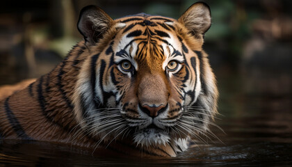 Fototapeta na wymiar Majestic Bengal tiger staring with intense aggression generated by AI