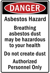 Asbestos chemical hazard sign and labels breathing asbestos dust may be hazardous to your health. Do not create dust. Authorized personnel only.