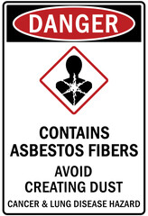 Asbestos chemical hazard sign and labels contains asbestos fibers. Avoid creating dust. Cancer and lung disease hazard