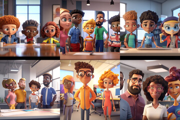 Diverse 3D Characters Collaborating in a Vibrant Office or School Environment Set of 6 Illustrations Created with Generative AI and Other Techniques