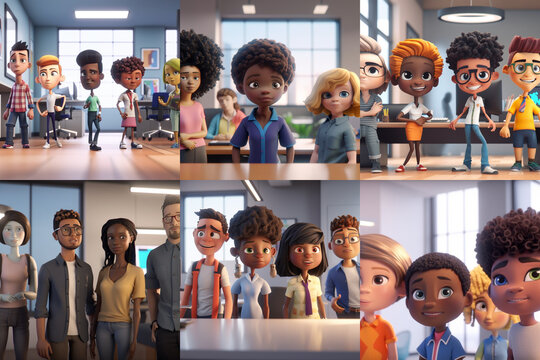 Diverse 3D Characters Collaborating in a Modern Tech Startup Business or School Set of 6 Illustrations Created with Generative AI and Other Techniques