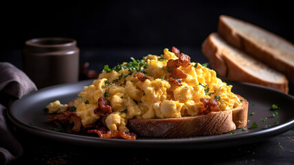 Scrambled eggs with fried bacon and sausage and toast. Appetizing Morning Spread Scrambled Eggs, Bacon, Sausage, and Toast