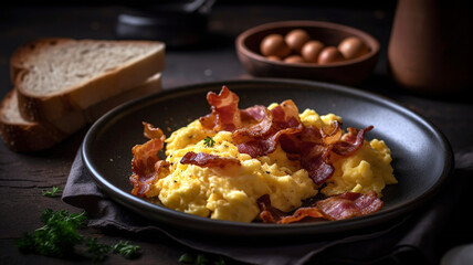 Scrambled eggs with fried bacon and sausage and toast. Energizing Brunch Plate Scrambled Eggs, Crispy Bacon, and Sausage