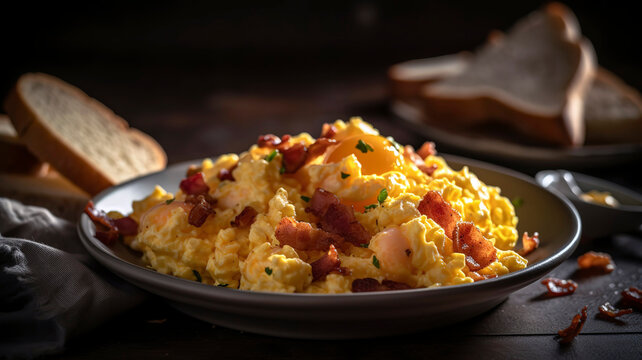 Scrambled eggs with fried bacon and sausage and toast. Scrambled Egg Delight A Hearty Breakfast with Bacon and Sausage