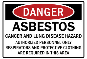 Fototapeta premium Asbestos chemical hazard sign and labels cancer and lung disease hazard. Authorized personnel only. Respirators and protective clothing are required in this area