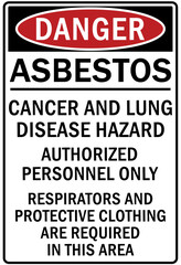Asbestos chemical hazard sign and labels cancer and lung disease hazard. Authorized personnel only. Respirators and protective clothing are required in this area