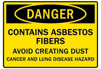 Asbestos chemical hazard sign and labels contains asbestos fibers. Avoid creating dust. Cancer and lung disease hazard