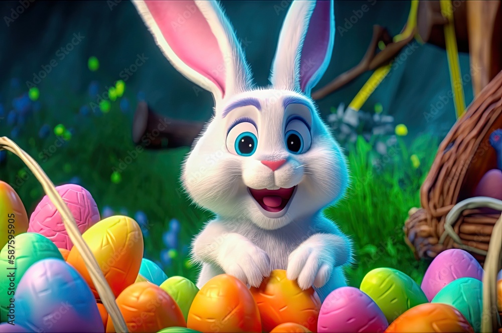 Wall mural Cute easter bunny smiling surrounded by easter eggs, cartoon style. Generative AI