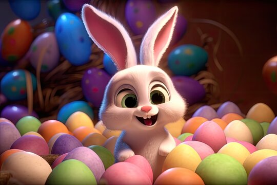 Cute easter bunny smiling surrounded by easter eggs, cartoon style. Generative AI
