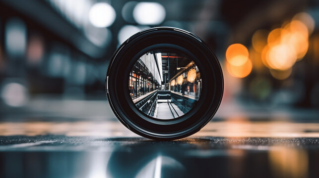 lens that is on the asphalt with reflection in the lens through, image with beautiful bokeh, generated by AI