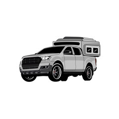 Family RV camping caravan. Tourist car and tent for outdoor recreation and travel. Mobile home truck. Tourist transport, road trip, recreational vehicles.