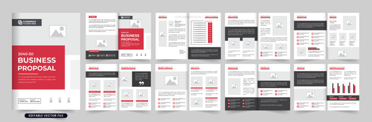 Corporate business overview and portfolio magazine template vector with red and dark colors. Company promotional brochure design with photo placeholders. Business profile and overview template.