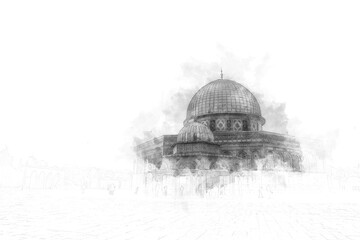 Black and white drawing of a mosque in Jerusalem.
