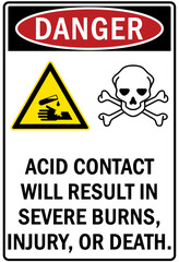 Acid chemical warning sign and labels acid contact will result in severe burns, injury, or death