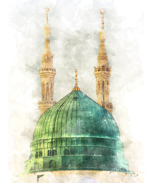 watercolor painting of a green mosque with a green dome, medina.