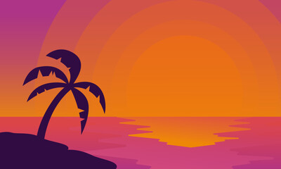Sunset or sunrise Panoramic beach view vector illustration, sea beach and sun, ocean sunrise, palms