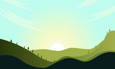 Fototapeta na wymiar mountain or Hill landscapes in a flat style. Natural wallpapers. Sunrise, misty terrain with slopes, Clear sky vector illustration