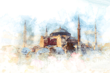 Watercolor painting of a hagia sophia in istanbul.